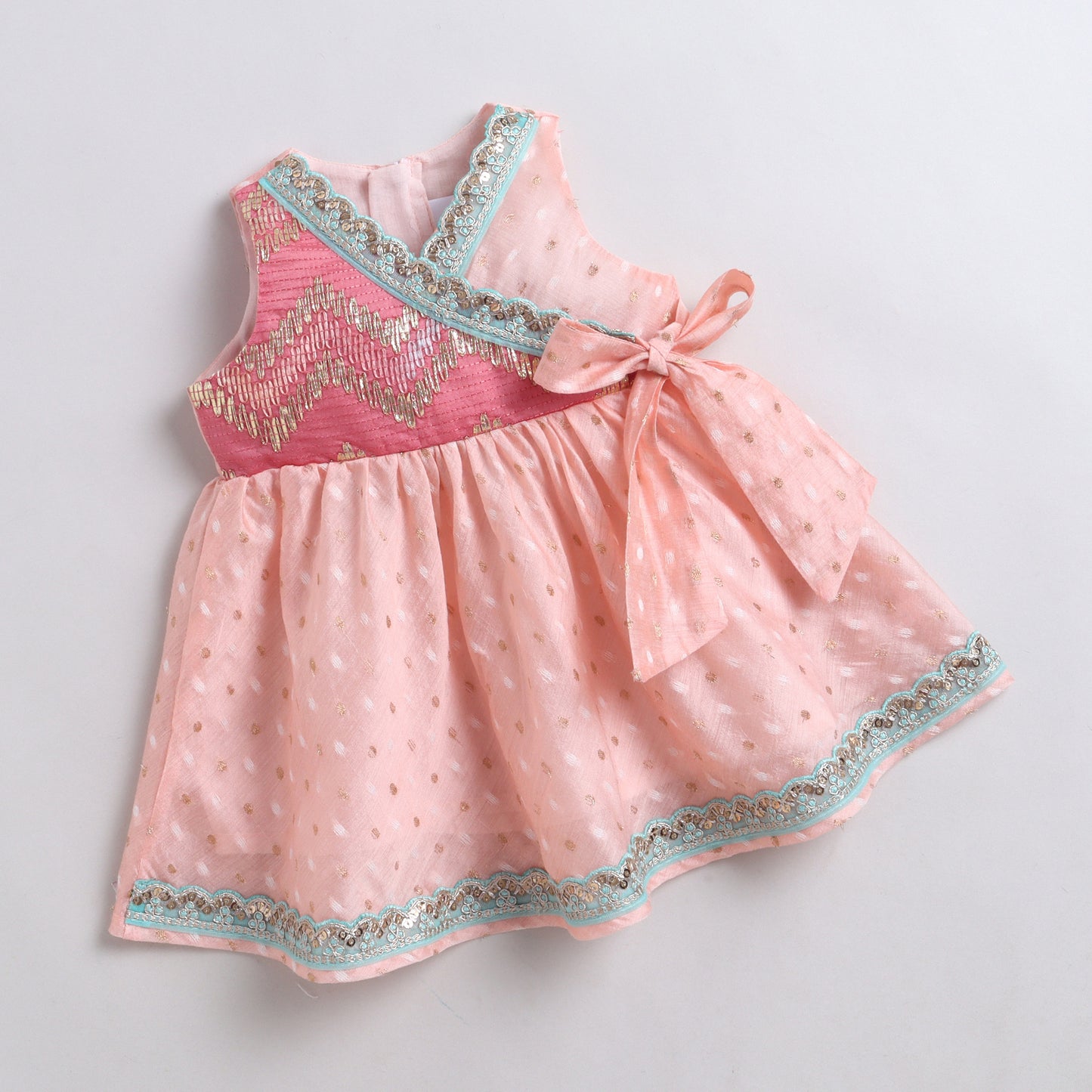 Many Frocks & Chanderi Sleeveless lace embellished overlapping Gotapatti Lace Work Patch Koti Knee Length Baby Ethnic Dress -Pink