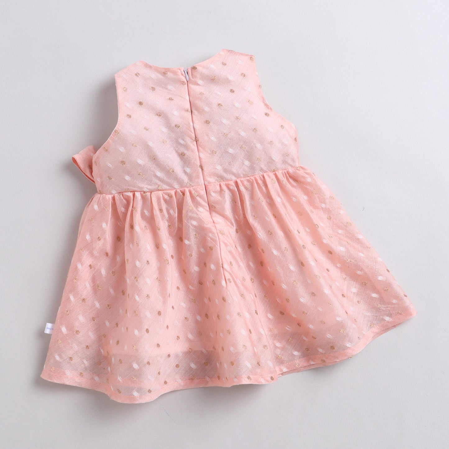 Many Frocks & Chanderi Sleeveless lace embellished overlapping Gotapatti Lace Work Patch Koti Knee Length Baby Ethnic Dress -Pink