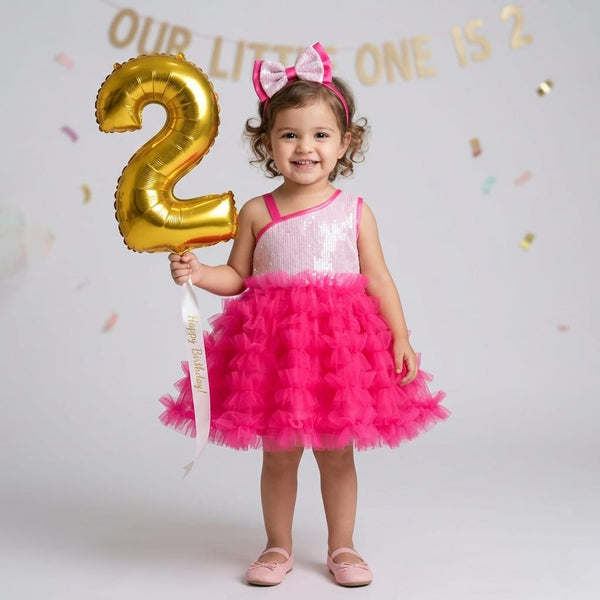 Many Frocks &  Net & Sequin Short Sleeveless Embellished Knee Length Baby Party Dress  - Pink