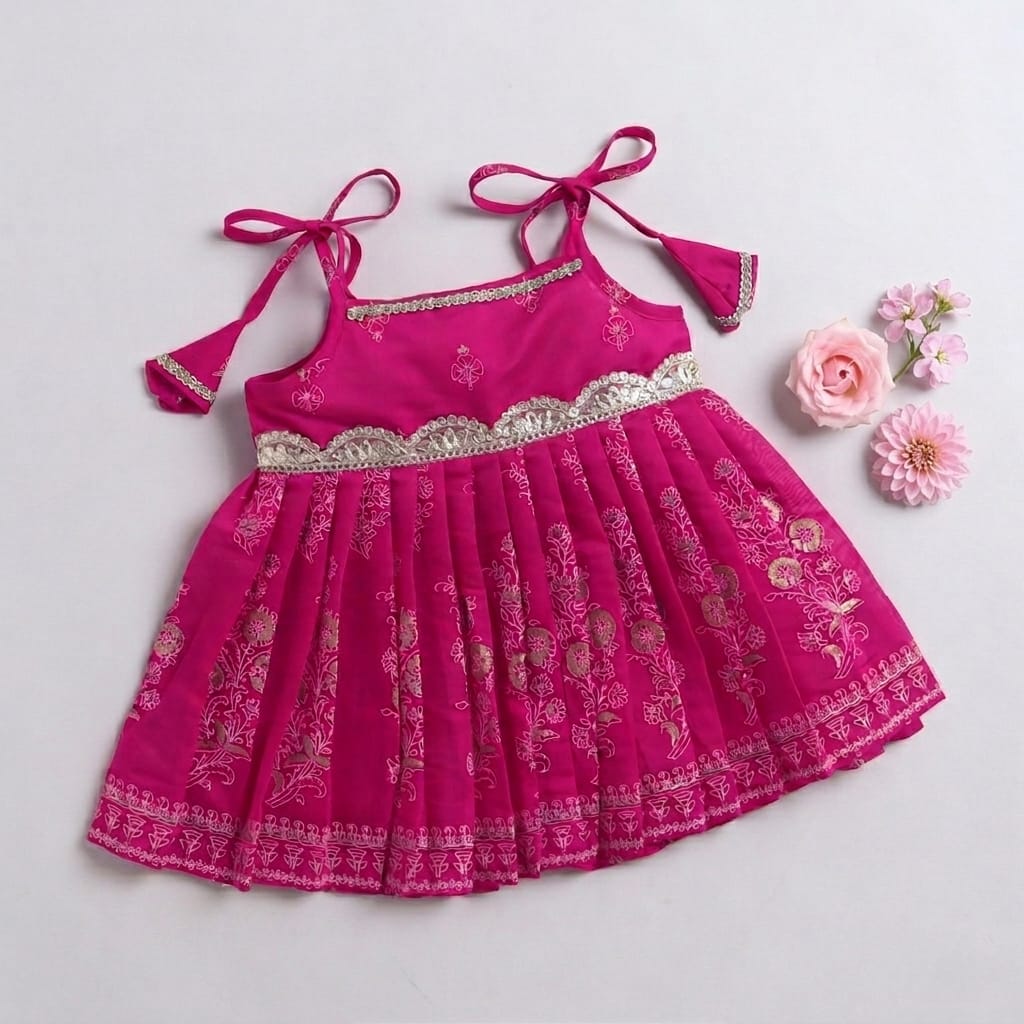 Many Frocks & Chanderi Sleeveless Lace Embellished Knee Length Baby Jhabla Ethnic Dress-Pink