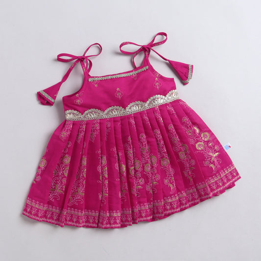 Many Frocks & Chanderi Sleeveless Lace Embellished Knee Length Baby Jhabla Ethnic Dress-Pink