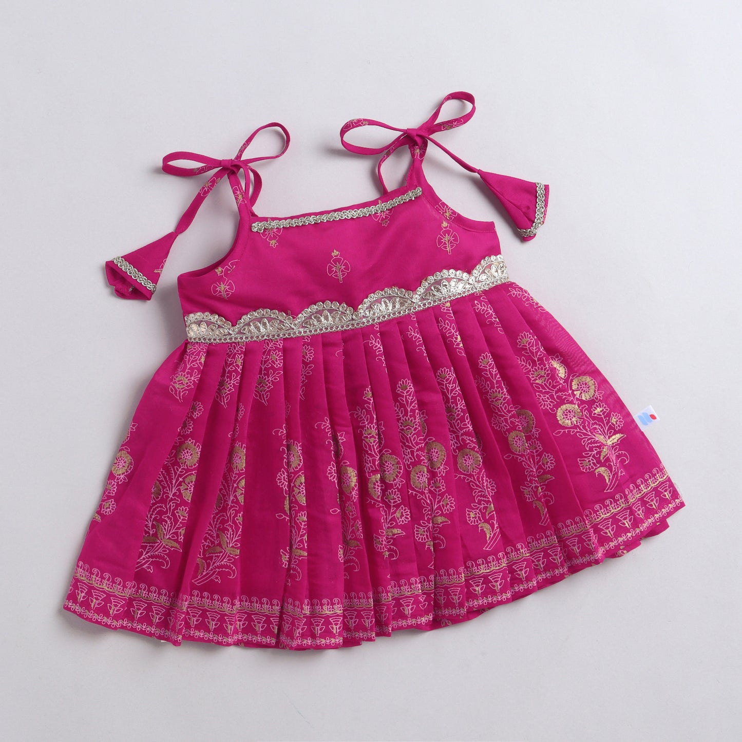 Many Frocks & Chanderi Sleeveless Lace Embellished Knee Length Baby Jhabla Ethnic Dress-Pink