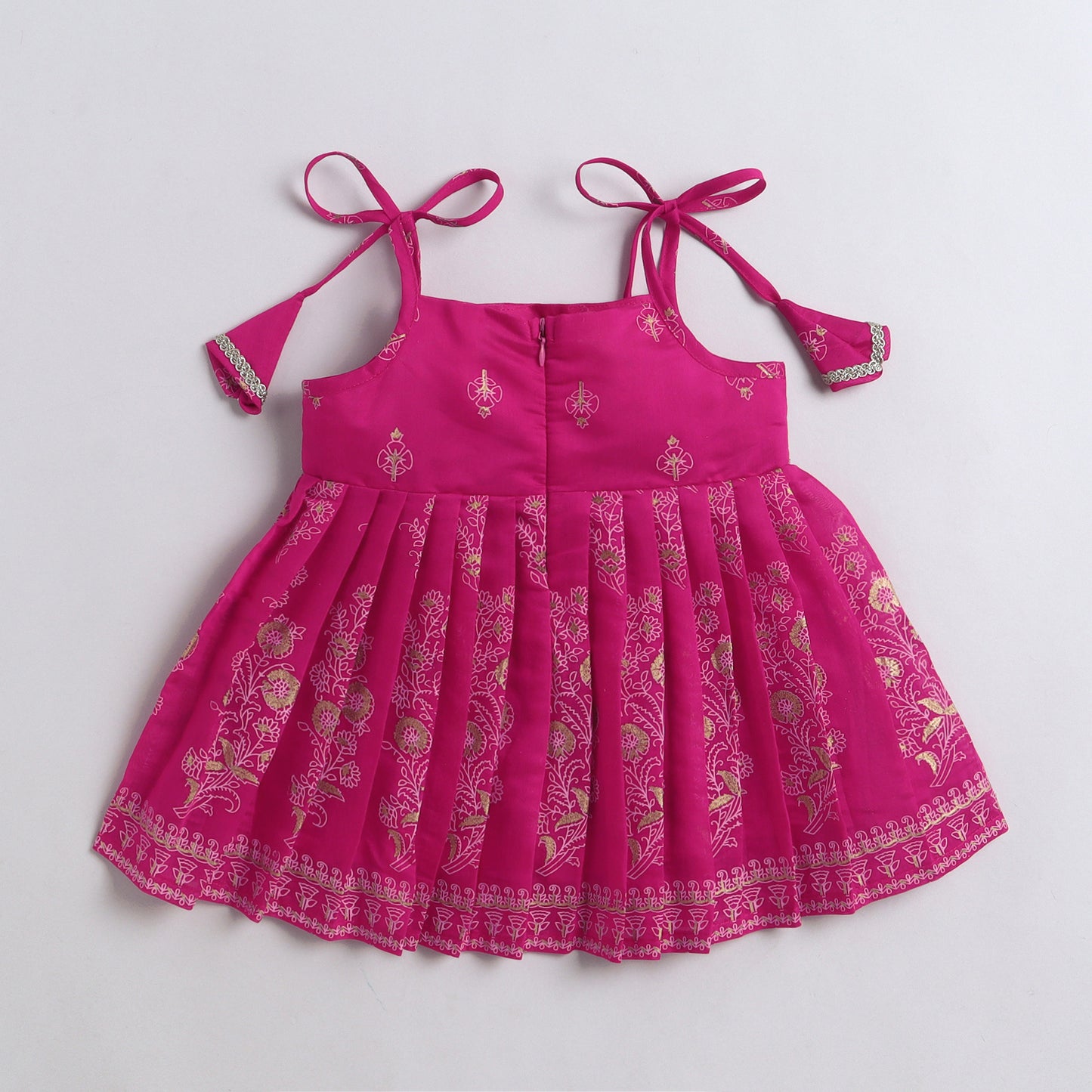 Many Frocks & Chanderi Sleeveless Lace Embellished Knee Length Baby Jhabla Ethnic Dress-Pink