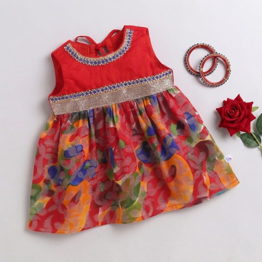 Many Frocks &  Cotton Brasso Sleeveless Lace Embellished  Knee Length Baby Ethnic Dress  - Multi Colour & Red