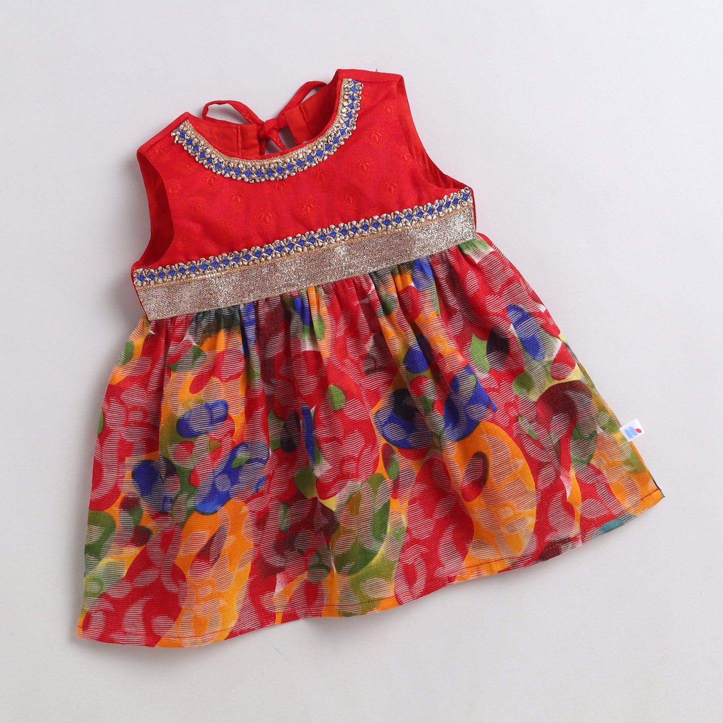 Many Frocks &  Cotton Brasso Sleeveless Lace Embellished  Knee Length Baby Ethnic Dress  - Multi Colour & Red