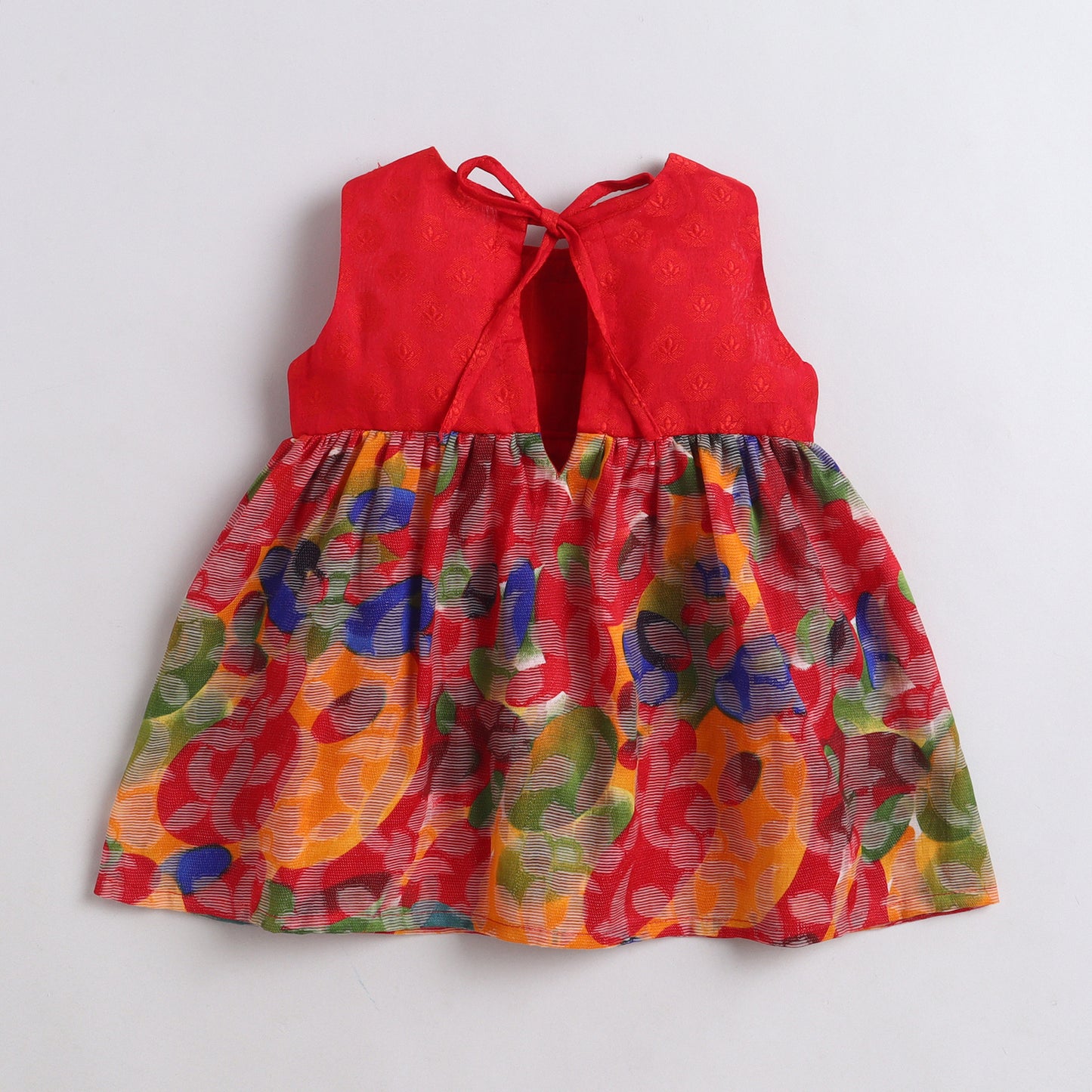 Many Frocks &  Cotton Brasso Sleeveless Lace Embellished  Knee Length Baby Ethnic Dress  - Multi Colour & Red