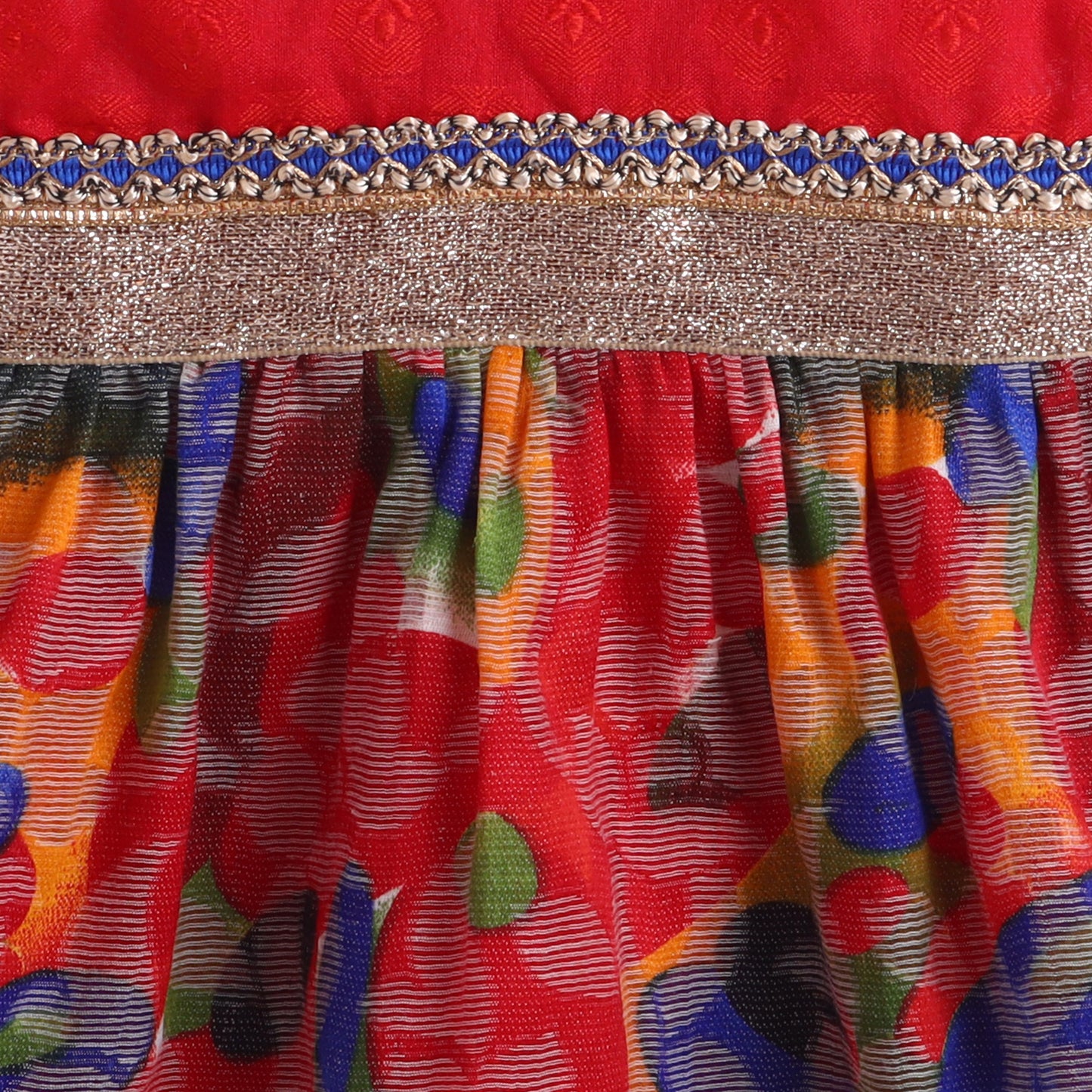 Many Frocks &  Cotton Brasso Sleeveless Lace Embellished  Knee Length Baby Ethnic Dress  - Multi Colour & Red
