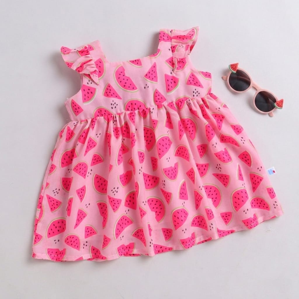 Many Frocks & Cotton Sleeveless Embellished Printed Knee Length Baby Dress  -Pink