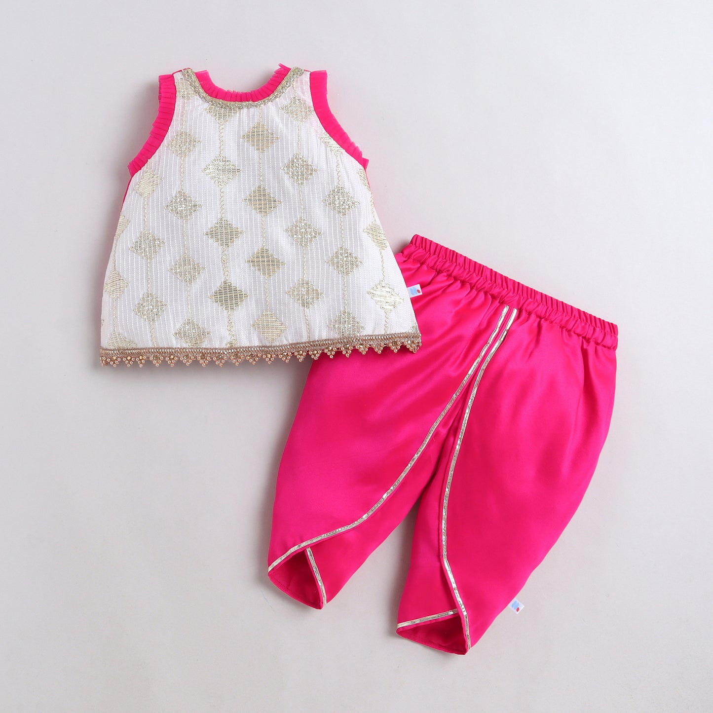 Many Frocks & Chanderi & Silk Sleeveless Lace Embellished Full Length Baby Dhoti Top Set -Pink & Off White