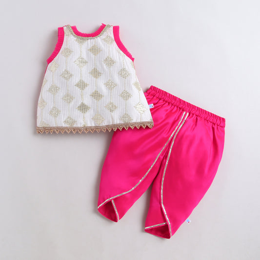 Many Frocks & Chanderi & Silk Sleeveless Lace Embellished Full Length Baby Dhoti Top Set -Pink & Off White