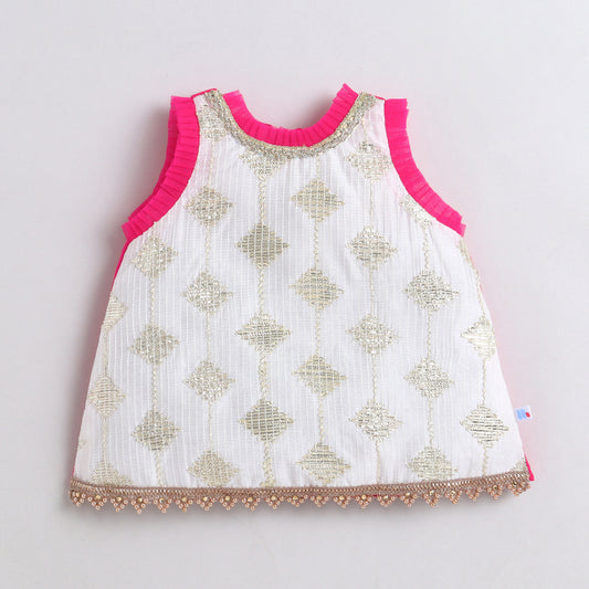 Many Frocks & Chanderi & Silk Sleeveless Lace Embellished Full Length Baby Dhoti Top Set -Pink & Off White