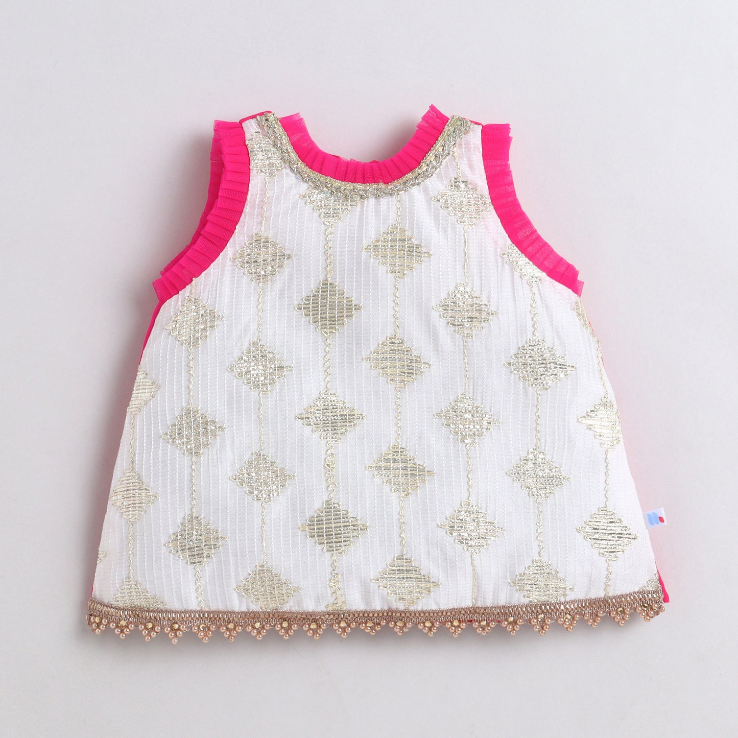 Many Frocks & Chanderi & Silk Sleeveless Lace Embellished Full Length Baby Dhoti Top Set -Pink & Off White