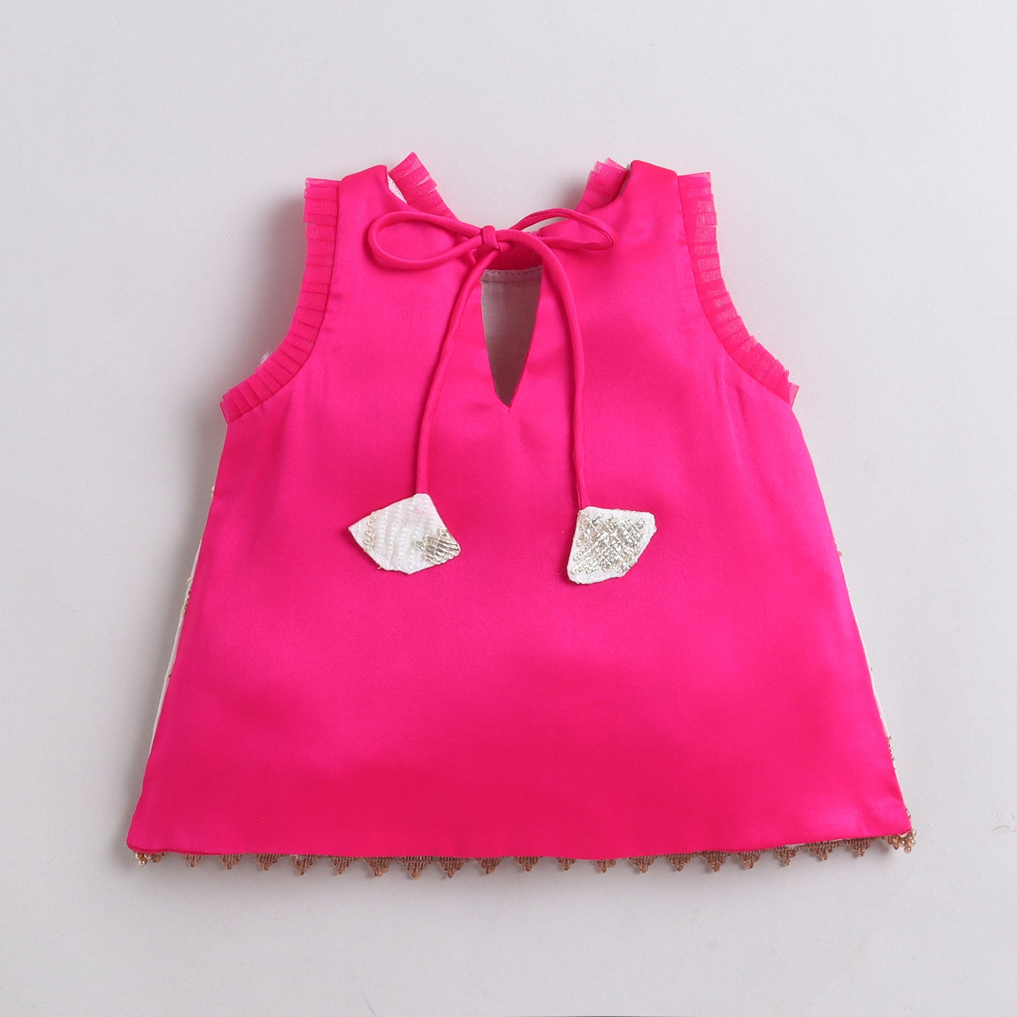 Many Frocks & Chanderi & Silk Sleeveless Lace Embellished Full Length Baby Dhoti Top Set -Pink & Off White