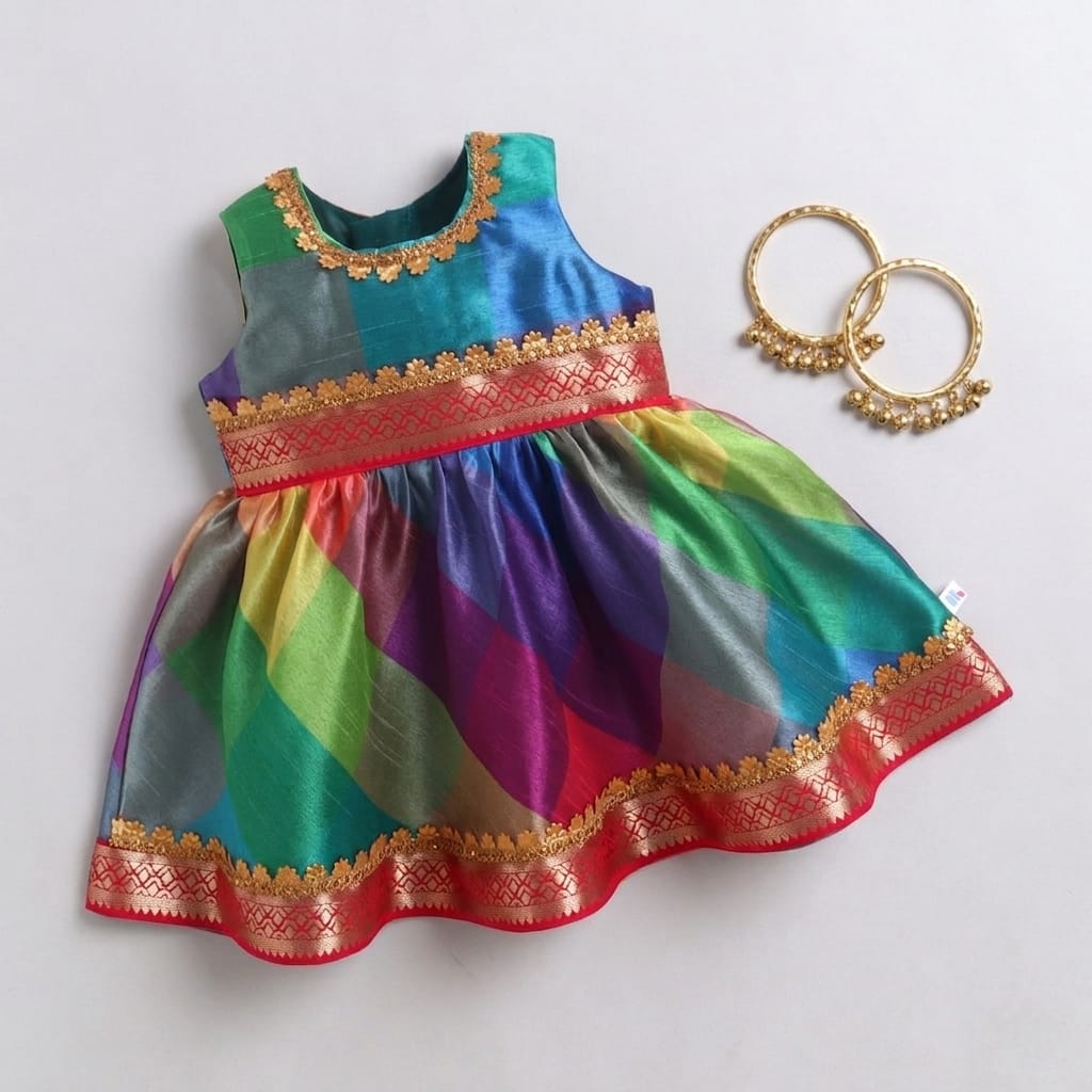 Many Frocks &  Silk Sleeveless Lace Embellished  Knee Length Baby Ethnic Dress  - Multi Colour