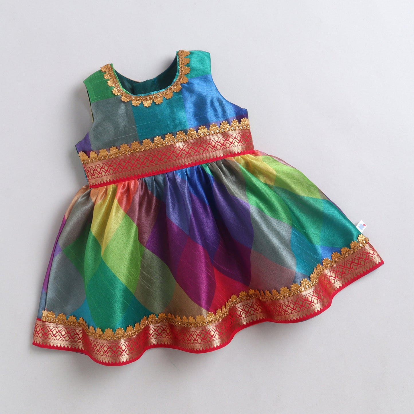 Many Frocks &  Silk Sleeveless Lace Embellished  Knee Length Baby Ethnic Dress  - Multi Colour