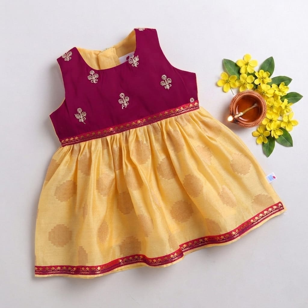 Many Frocks & Chanderi Sleeveless Lace Embellished  Knee Length Baby Ethnic Dress  - Yellow & Maroon