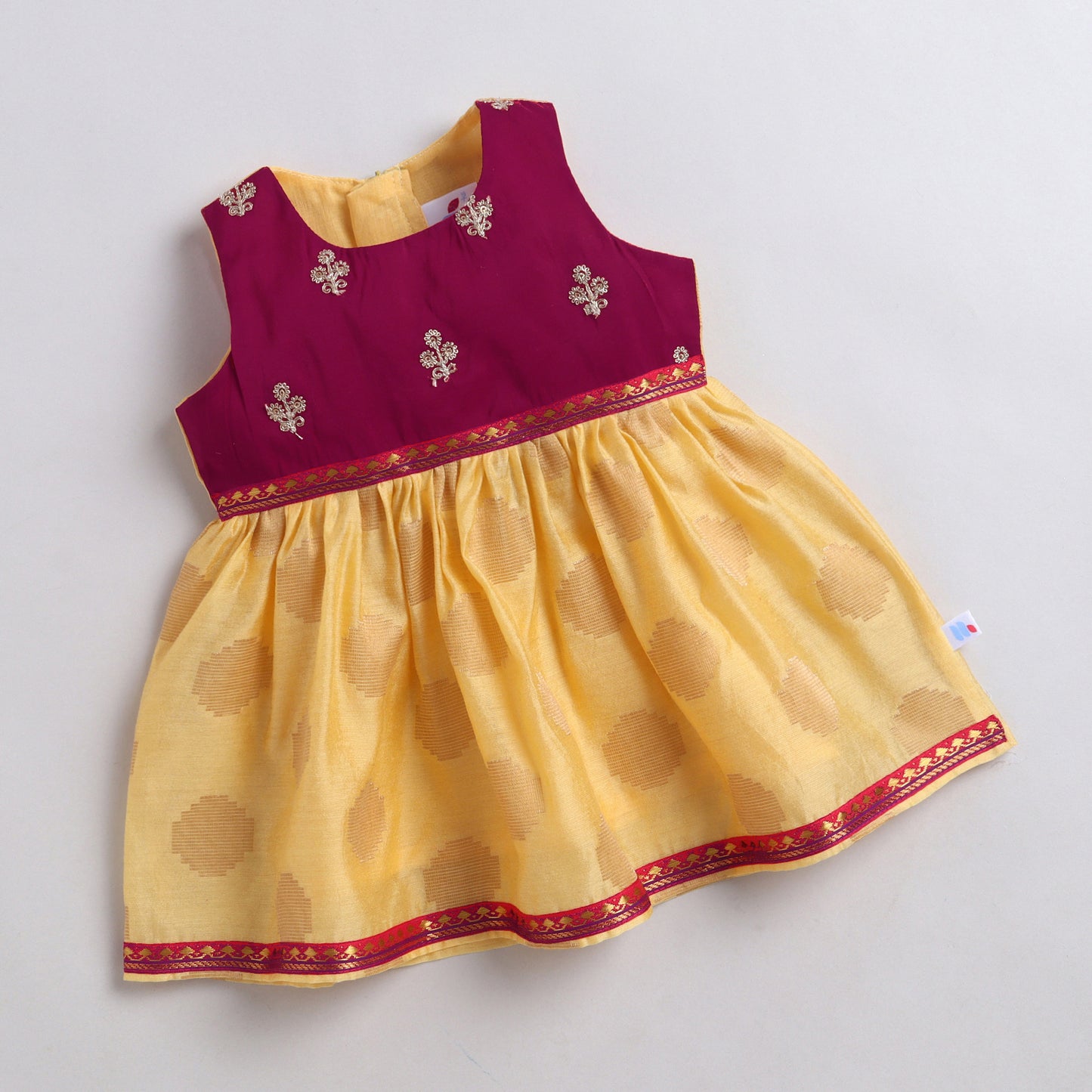 Many Frocks & Chanderi Sleeveless Lace Embellished  Knee Length Baby Ethnic Dress  - Yellow & Maroon