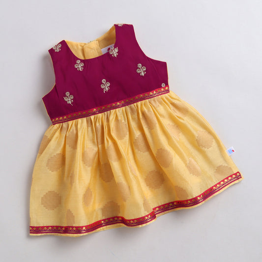 Many Frocks & Chanderi Sleeveless Lace Embellished  Knee Length Baby Ethnic Dress  - Yellow & Maroon