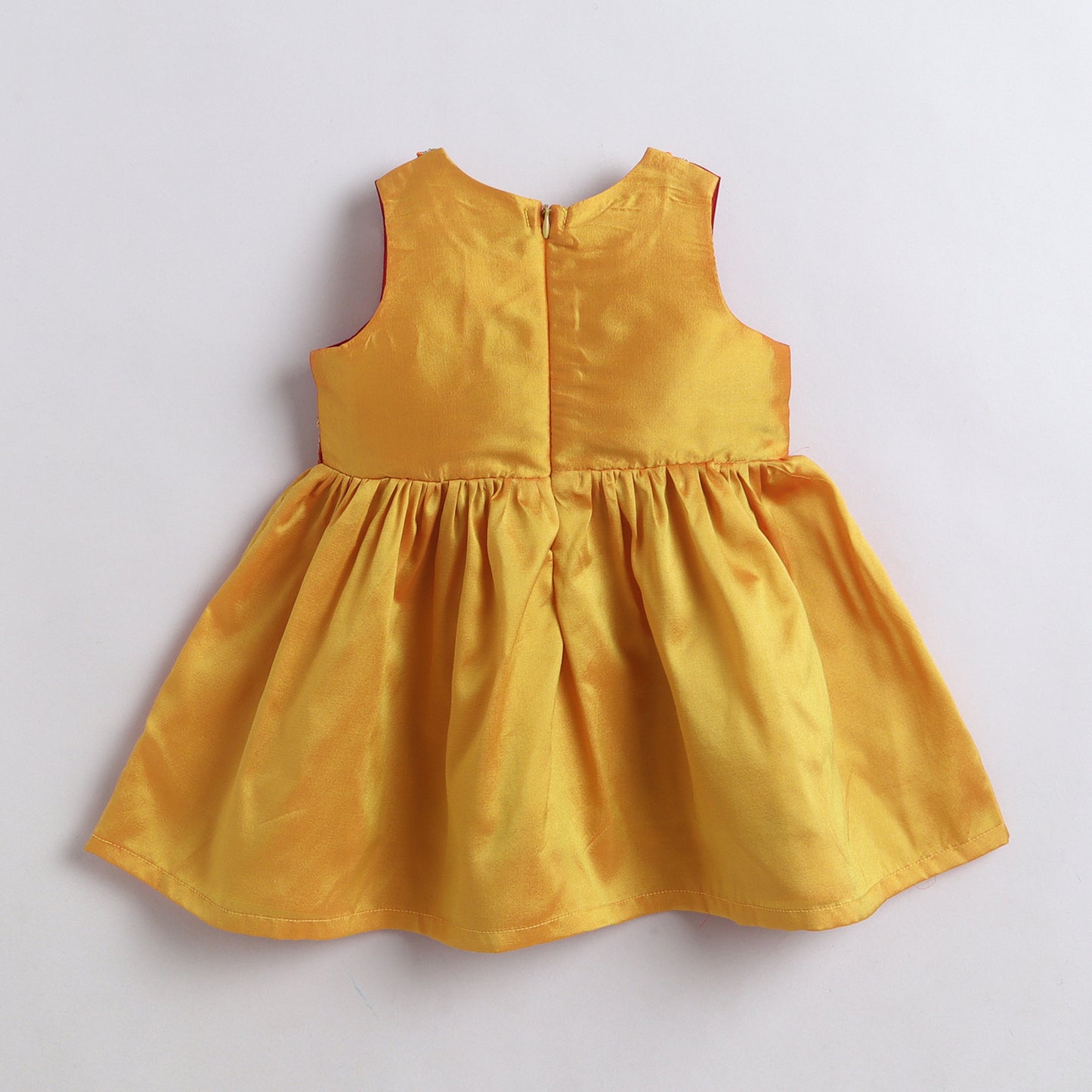 Many Frocks & Chanderi Sleeveless Lace Embellished  Knee Length Baby Ethnic Dress  - Yellow & Maroon