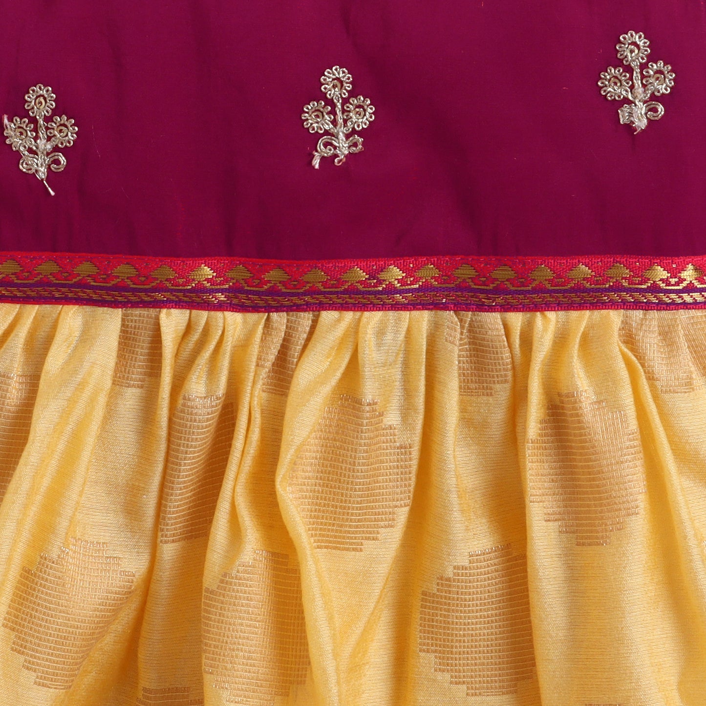 Many Frocks & Chanderi Sleeveless Lace Embellished  Knee Length Baby Ethnic Dress  - Yellow & Maroon