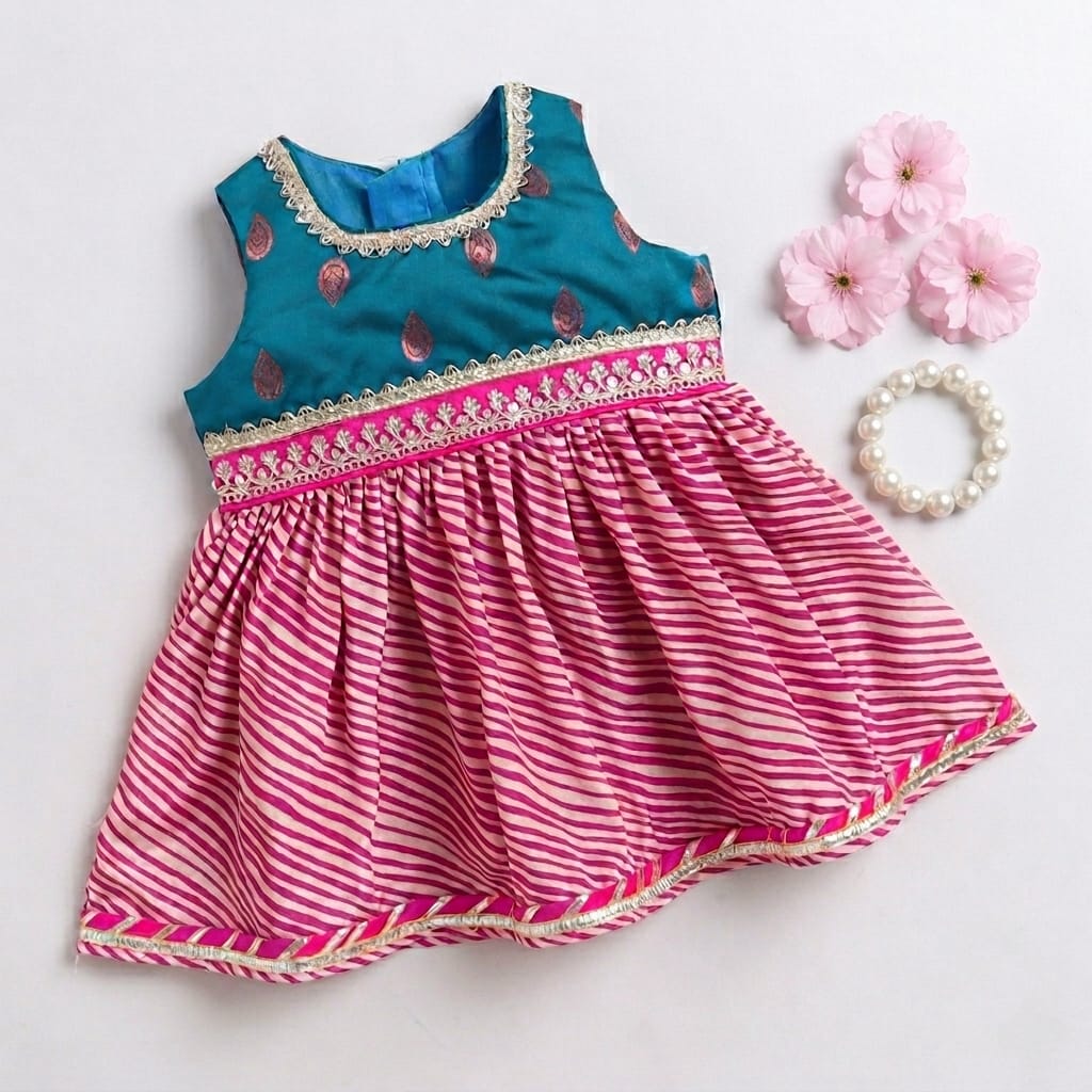 Many Frocks & Satin Sleeveless Lace Embellished Printed Knee Length Baby Ethnic Dress  - Pink & Blue