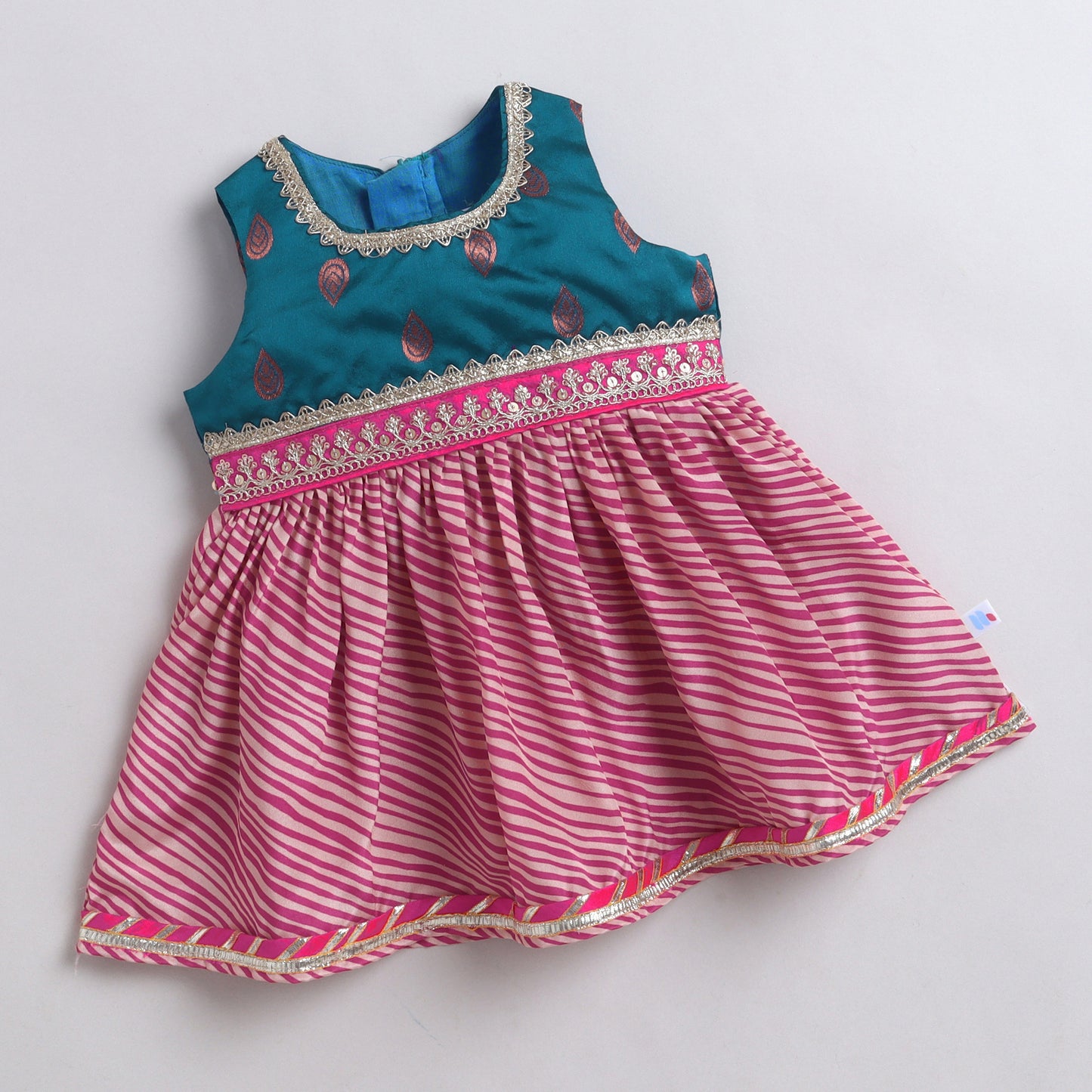 Many Frocks & Satin Sleeveless Lace Embellished Printed Knee Length Baby Ethnic Dress  - Pink & Blue