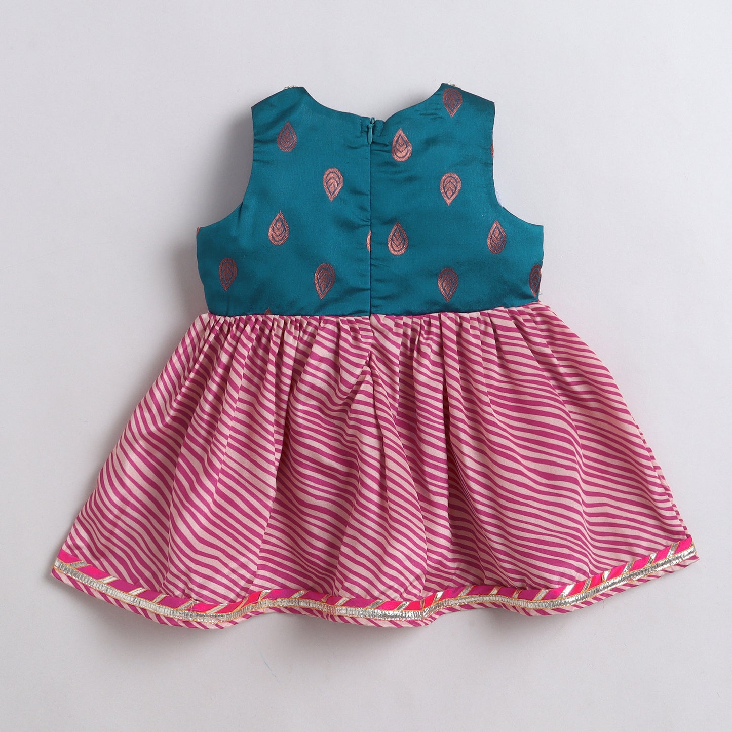 Many Frocks & Satin Sleeveless Lace Embellished Printed Knee Length Baby Ethnic Dress  - Pink & Blue