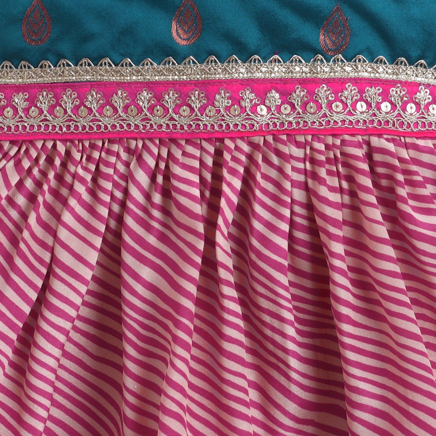 Many Frocks & Satin Sleeveless Lace Embellished Printed Knee Length Baby Ethnic Dress  - Pink & Blue