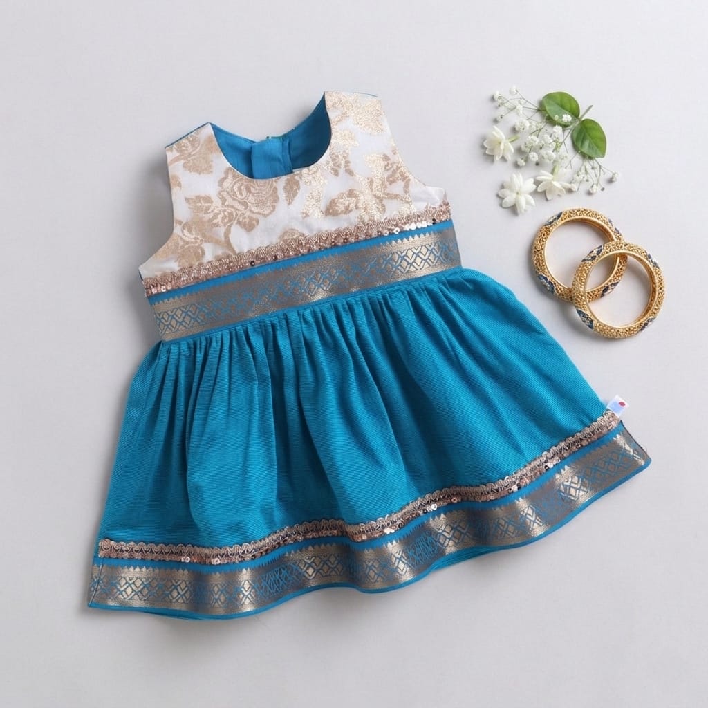 Many Frocks & Cotton Sleeveless Lace Embellished Knee Length Baby Ethnic Dress  - Blue & Cream