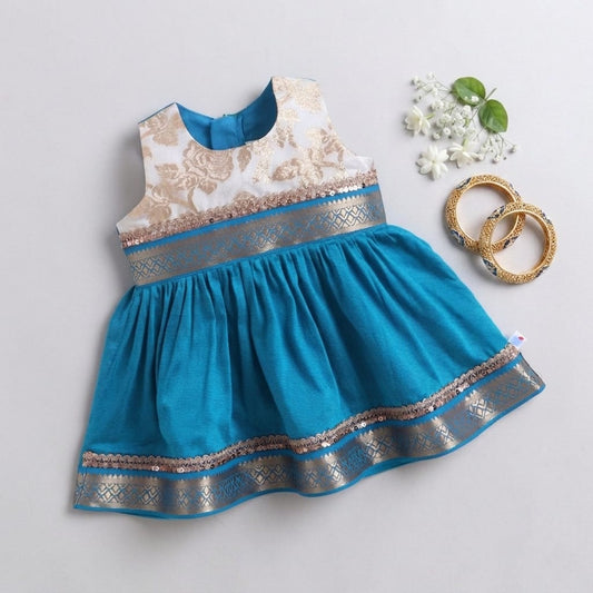 Many Frocks & Cotton Sleeveless Lace Embellished Knee Length Baby Ethnic Dress  - Blue & Cream