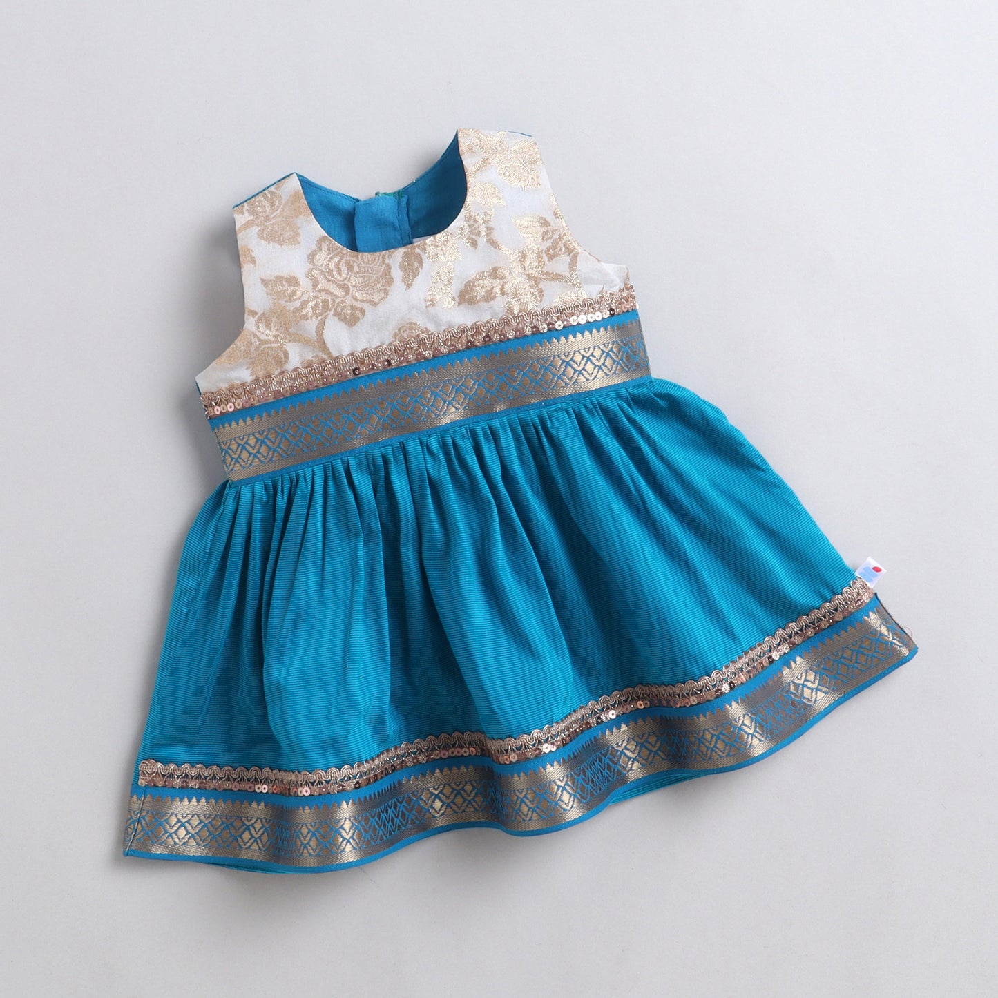 Many Frocks & Cotton Sleeveless Lace Embellished Knee Length Baby Ethnic Dress  - Blue & Cream