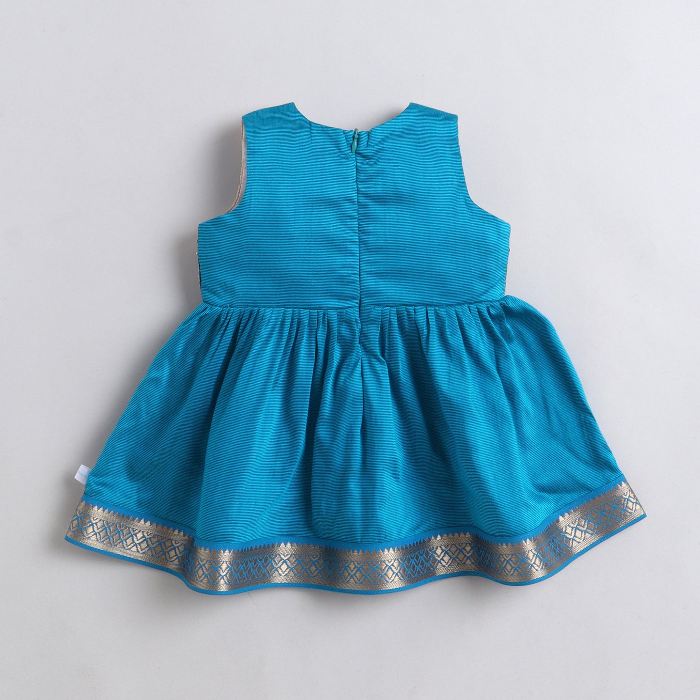 Many Frocks & Cotton Sleeveless Lace Embellished Knee Length Baby Ethnic Dress  - Blue & Cream