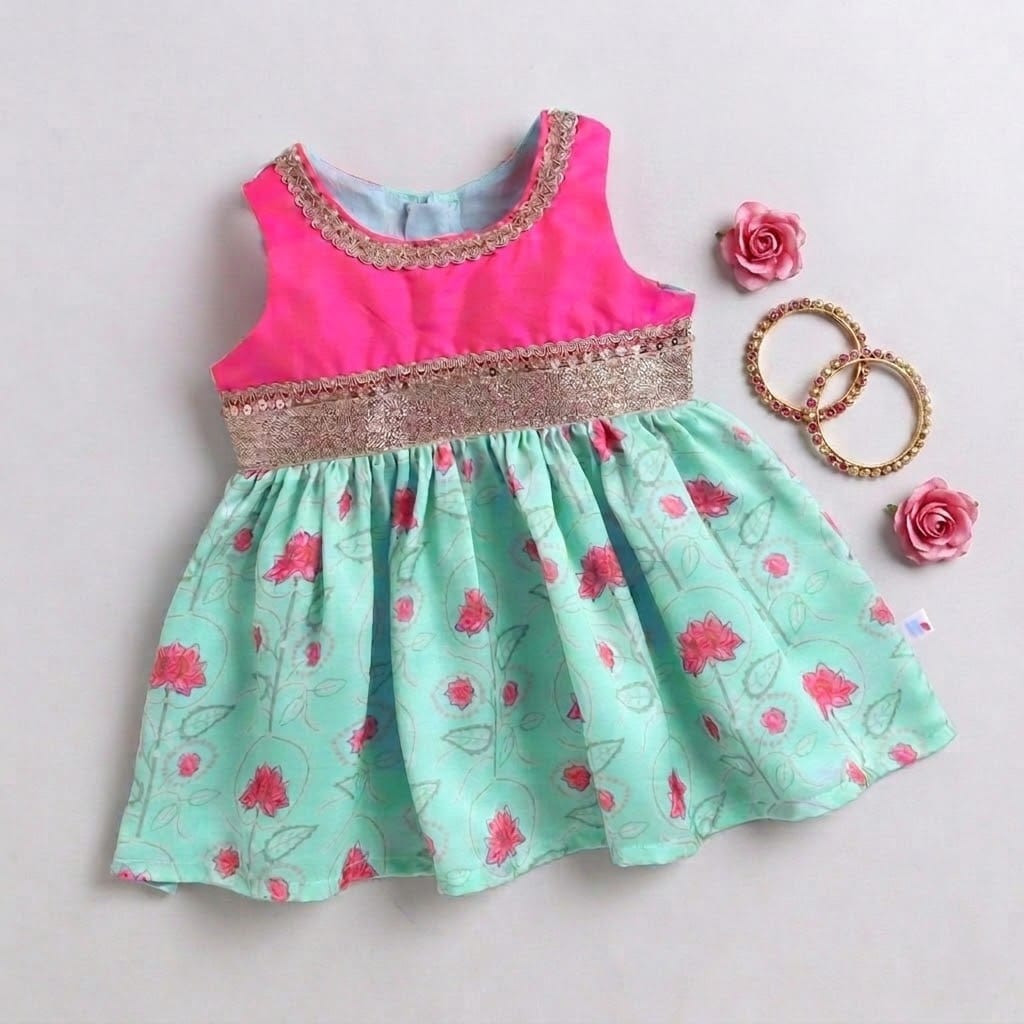 Many Frocks & Satin Sleeveless Lace Embellished Printed Knee Length Baby Ethnic Dress  - Sea Green & Pink