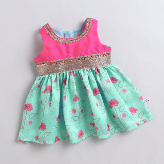 Many Frocks & Satin Sleeveless Lace Embellished Printed Knee Length Baby Ethnic Dress - Sea Green & Pink