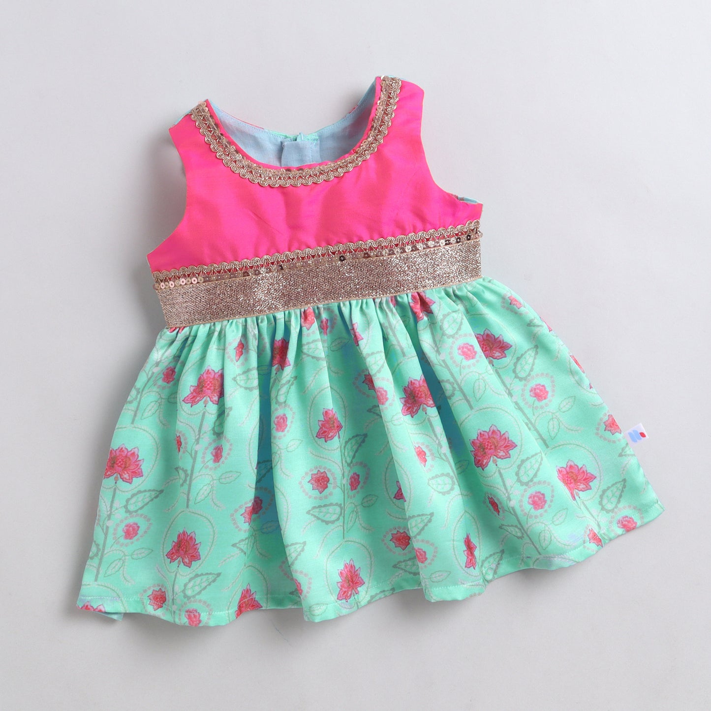 Many Frocks & Satin Sleeveless Lace Embellished Printed Knee Length Baby Ethnic Dress  - Sea Green & Pink
