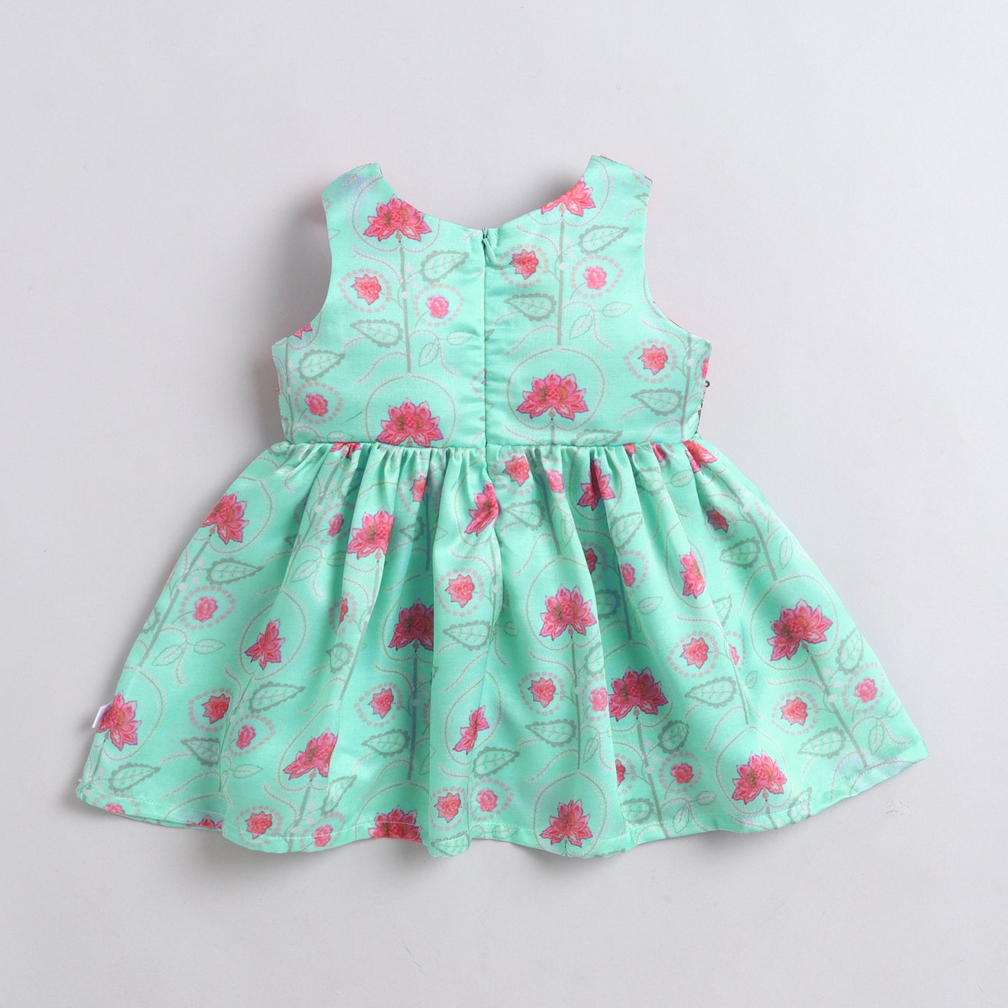 Many Frocks & Satin Sleeveless Lace Embellished Printed Knee Length Baby Ethnic Dress  - Sea Green & Pink