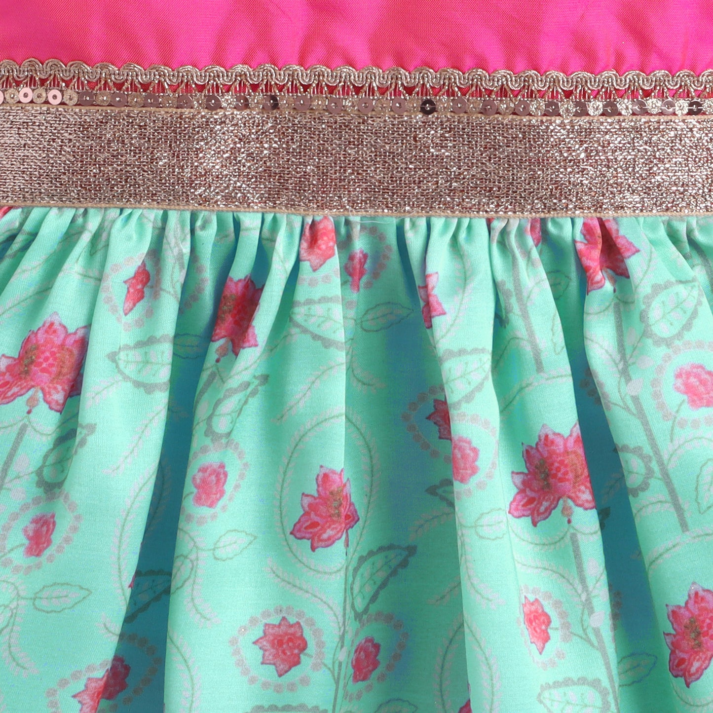 Many Frocks & Satin Sleeveless Lace Embellished Printed Knee Length Baby Ethnic Dress  - Sea Green & Pink