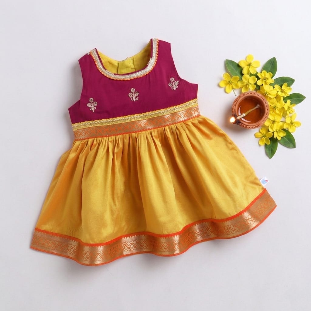 Many Frocks & Poly Silk Sleeveless Lace Embellished  Knee Length Baby Ethnic Dress  - Musturd & Maroon