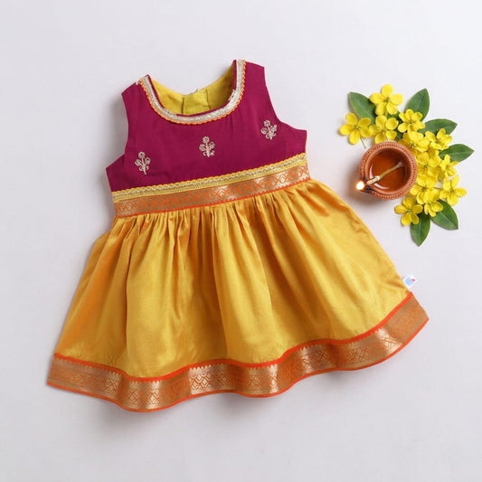 Many Frocks & Poly Silk Sleeveless Lace Embellished  Knee Length Baby Ethnic Dress  - Musturd & Maroon