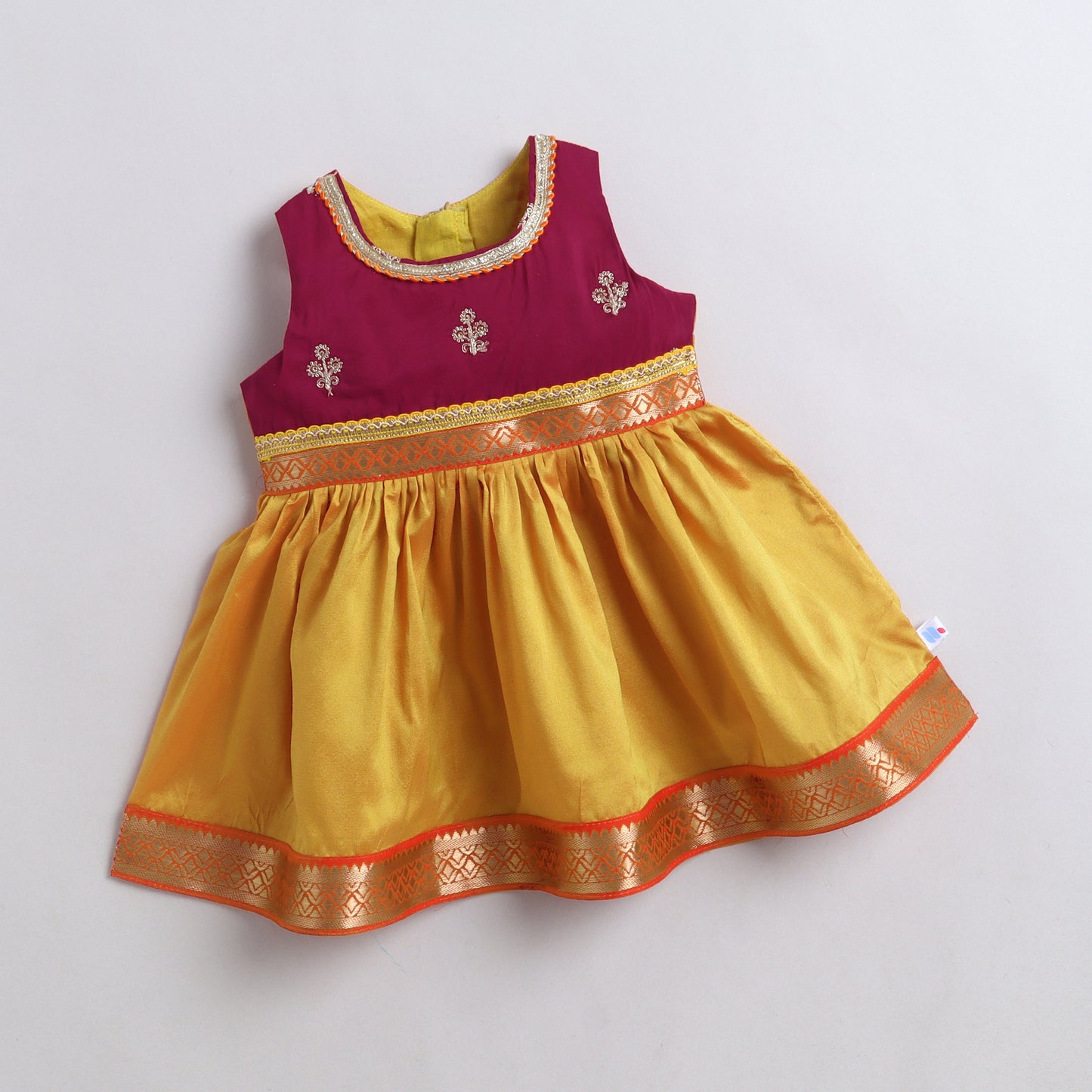 Many Frocks & Poly Silk Sleeveless Lace Embellished  Knee Length Baby Ethnic Dress  - Musturd & Maroon