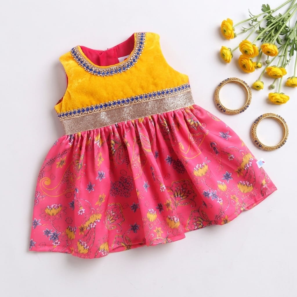 Many Frocks & Satin Sleeveless Lace Embellished Printed Knee Length Baby Ethnic Dress  - Pink & Yellow