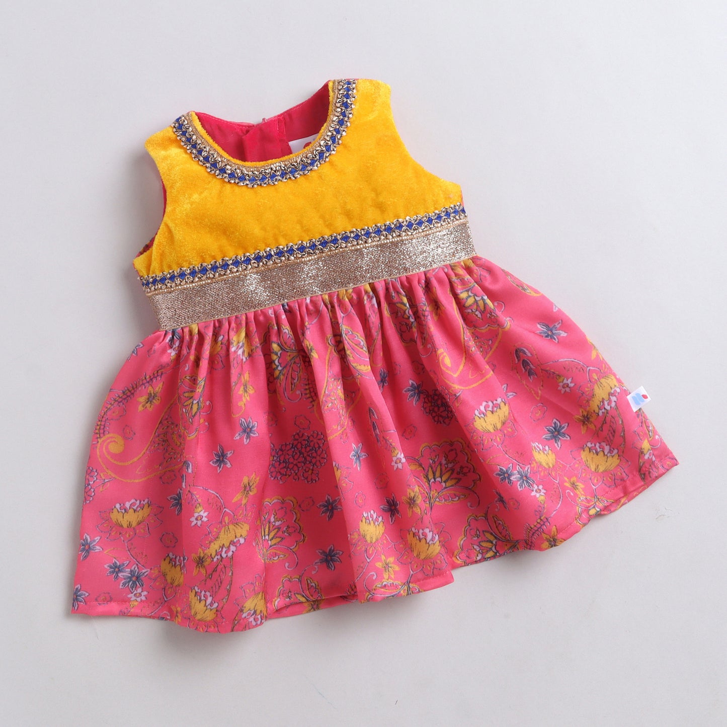 Many Frocks & Satin Sleeveless Lace Embellished Printed Knee Length Baby Ethnic Dress  - Pink & Yellow