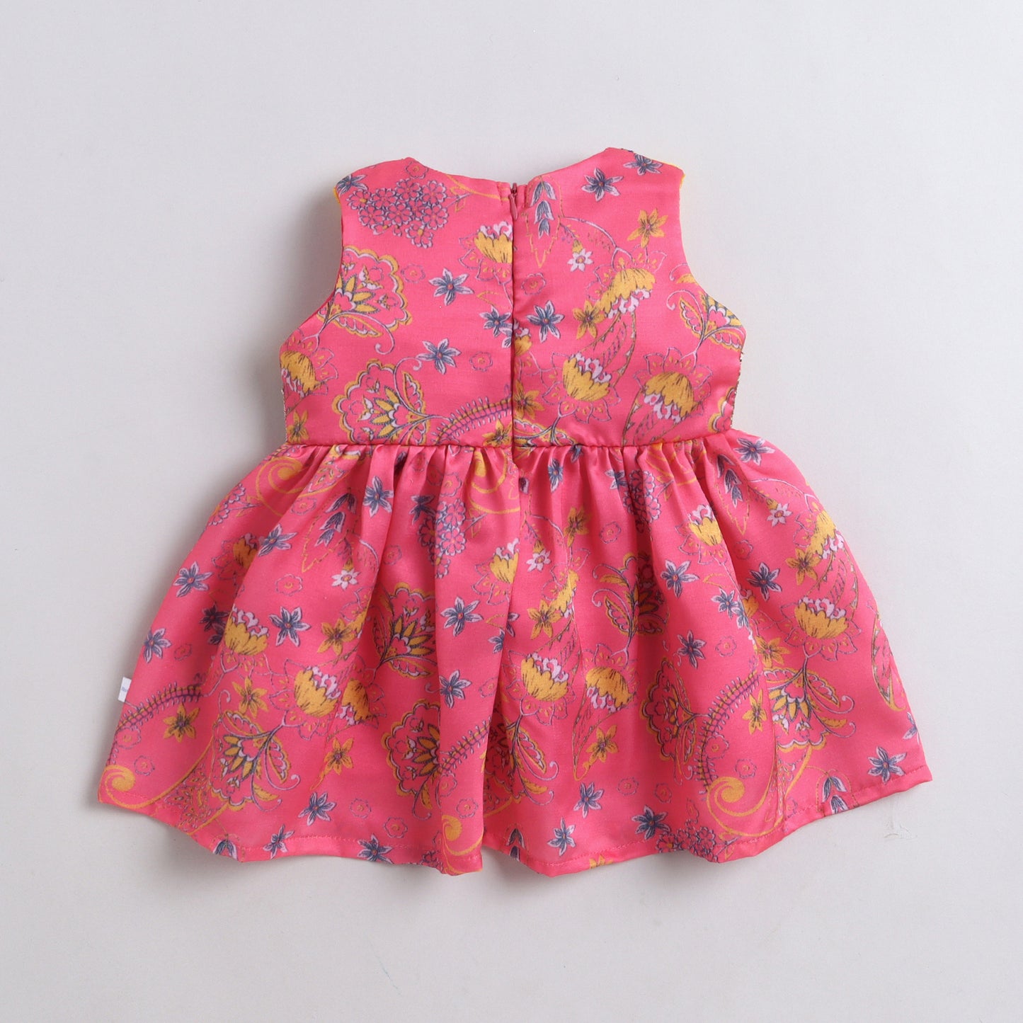 Many Frocks & Satin Sleeveless Lace Embellished Printed Knee Length Baby Ethnic Dress  - Pink & Yellow