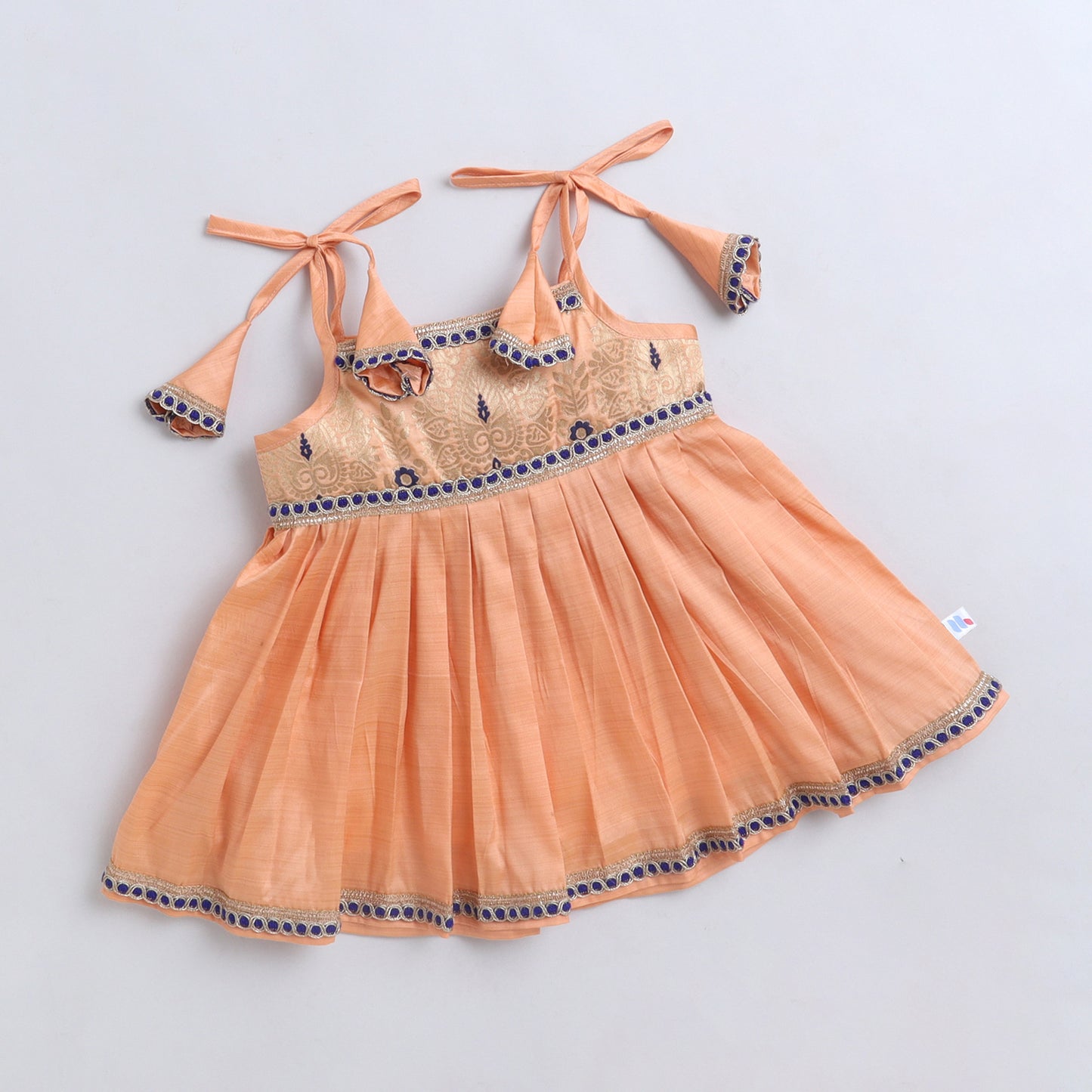 Many Frocks & Polysilk Sleeveless Woven Body Lace Embellished Knee Length Flared Baby Jhabla Ethnic Dress - Peach