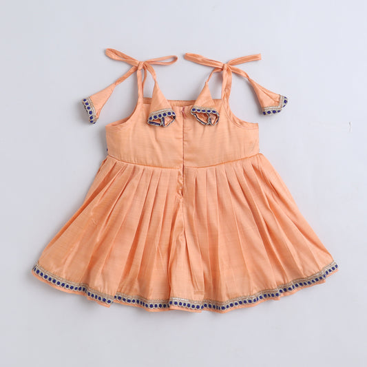 Many Frocks & Polysilk Sleeveless Woven Body Lace Embellished Knee Length Flared Baby Jhabla Ethnic Dress - Peach