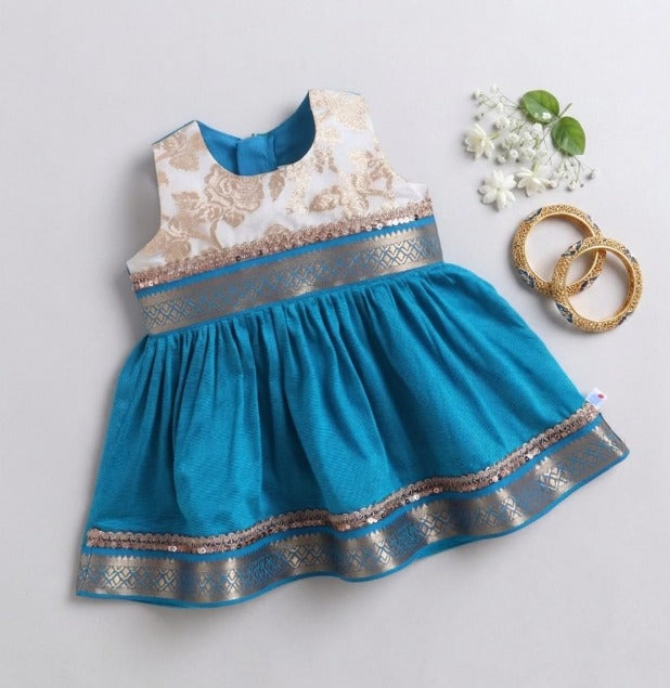 Many Frocks & Polysilk Sleeveless Lace Embellished Knee Length Baby Ethnic Dress  - Blue & Cream