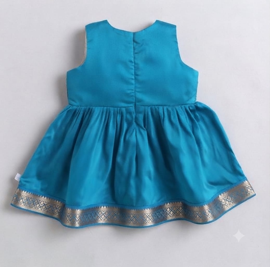 Many Frocks & Polysilk Sleeveless Lace Embellished Knee Length Baby Ethnic Dress  - Blue & Cream