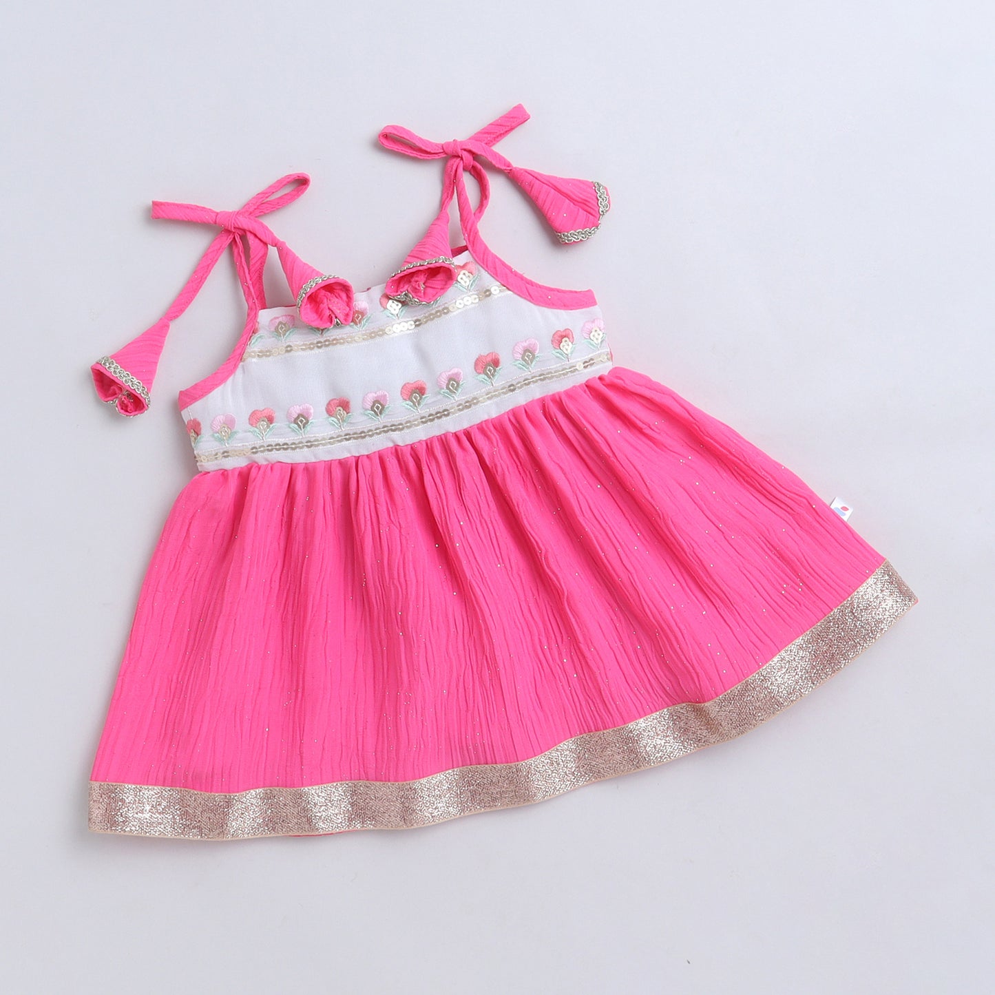 Many Frocks & Cotton Sleeveless Embroidered Lace Embellished Knee Length Flared Baby Jhabla Ethnic Dress - Pink & White