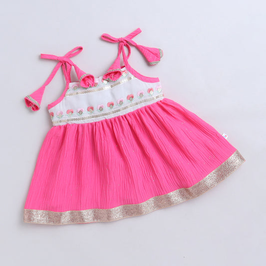 Many Frocks & Cotton Sleeveless Embroidered Lace Embellished Knee Length Flared Baby Jhabla Ethnic Dress - Pink & White