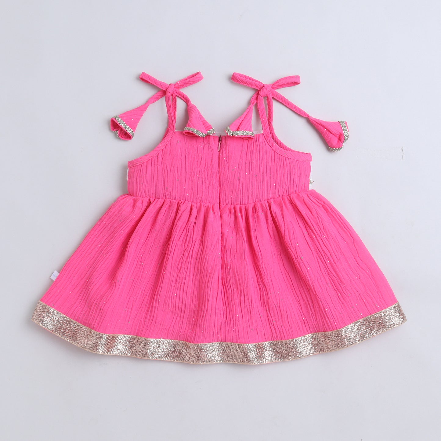 Many Frocks & Cotton Sleeveless Embroidered Lace Embellished Knee Length Flared Baby Jhabla Ethnic Dress - Pink & White